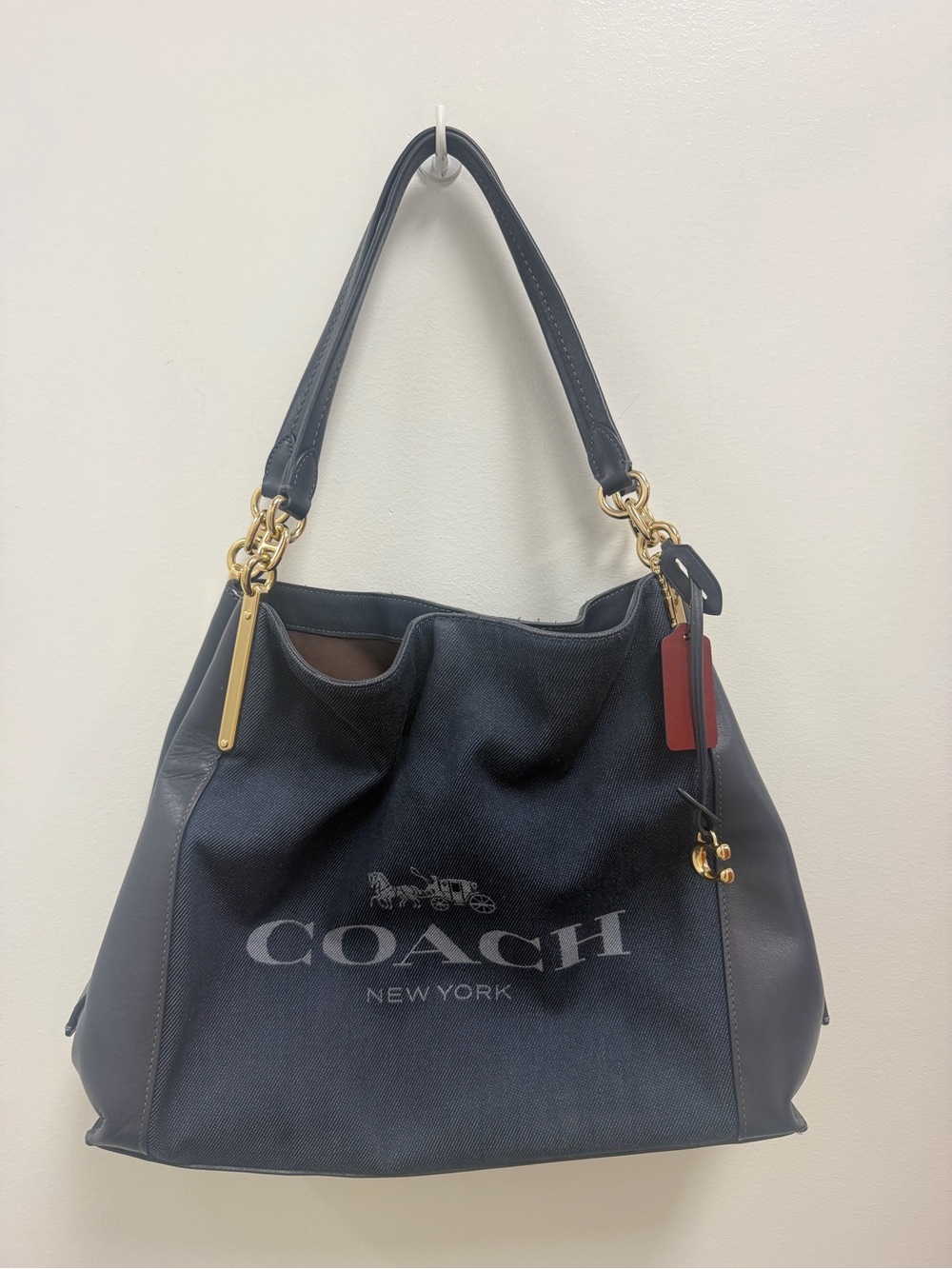 Coach Dalton 31 Horse & Carriage Jacquard Leather Shoulder Bag Denim Blue